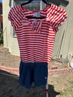 Guess Kids Red and White Striped One-Piece Romper with Navy Shorts